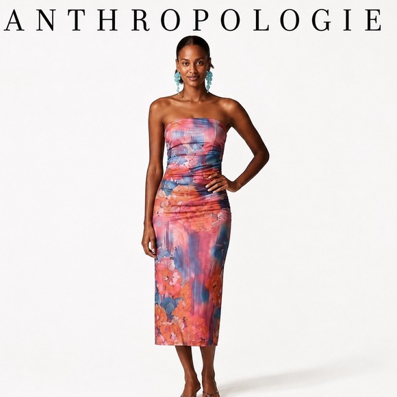Anthropologie Dresses & Skirts - Anthropologie Strapless Floral Mesh Midi Dress Bodycon Pink Blue Print  Medium